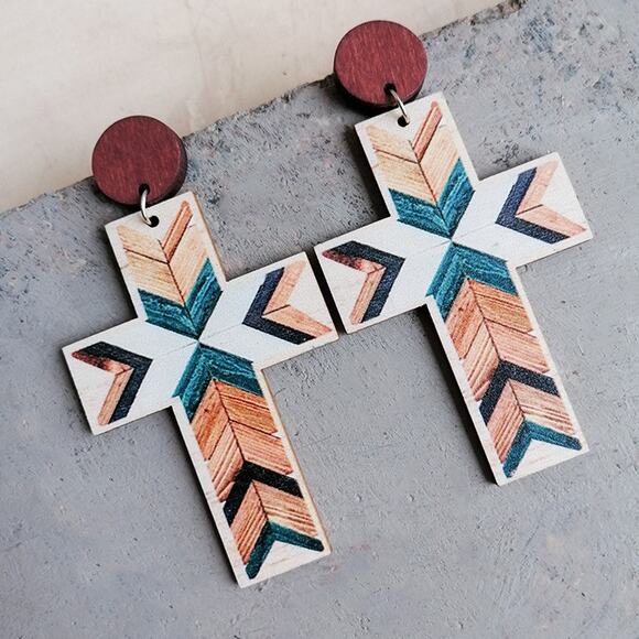 Large Distressed Wooden Cross Drop Earrings with Geometric Chevron Pattern - Picture 1 of 3